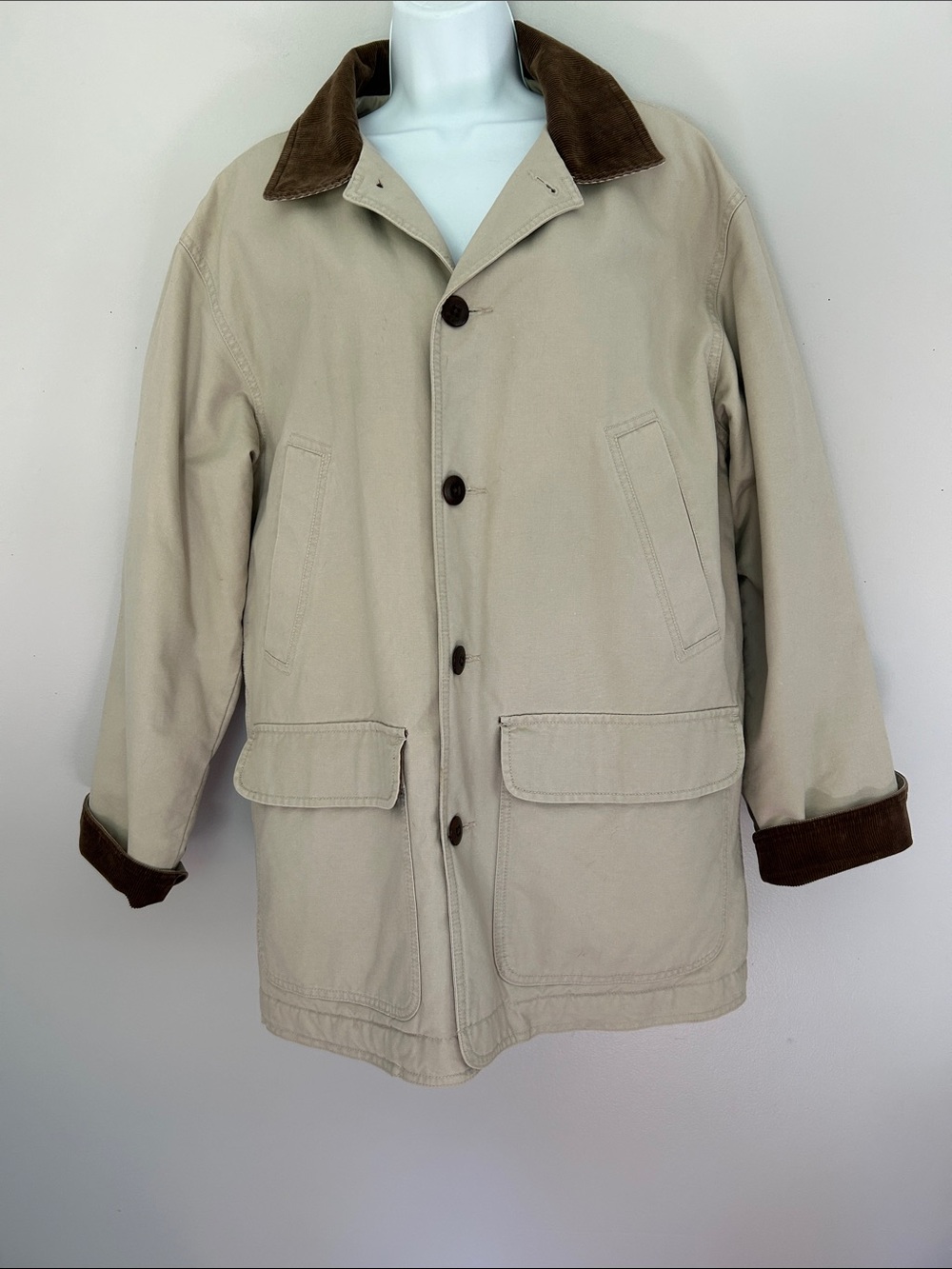 L.L. Bean Vintage Men's Beige Barn Coat with Brown Corduroy Collar/Cuffs